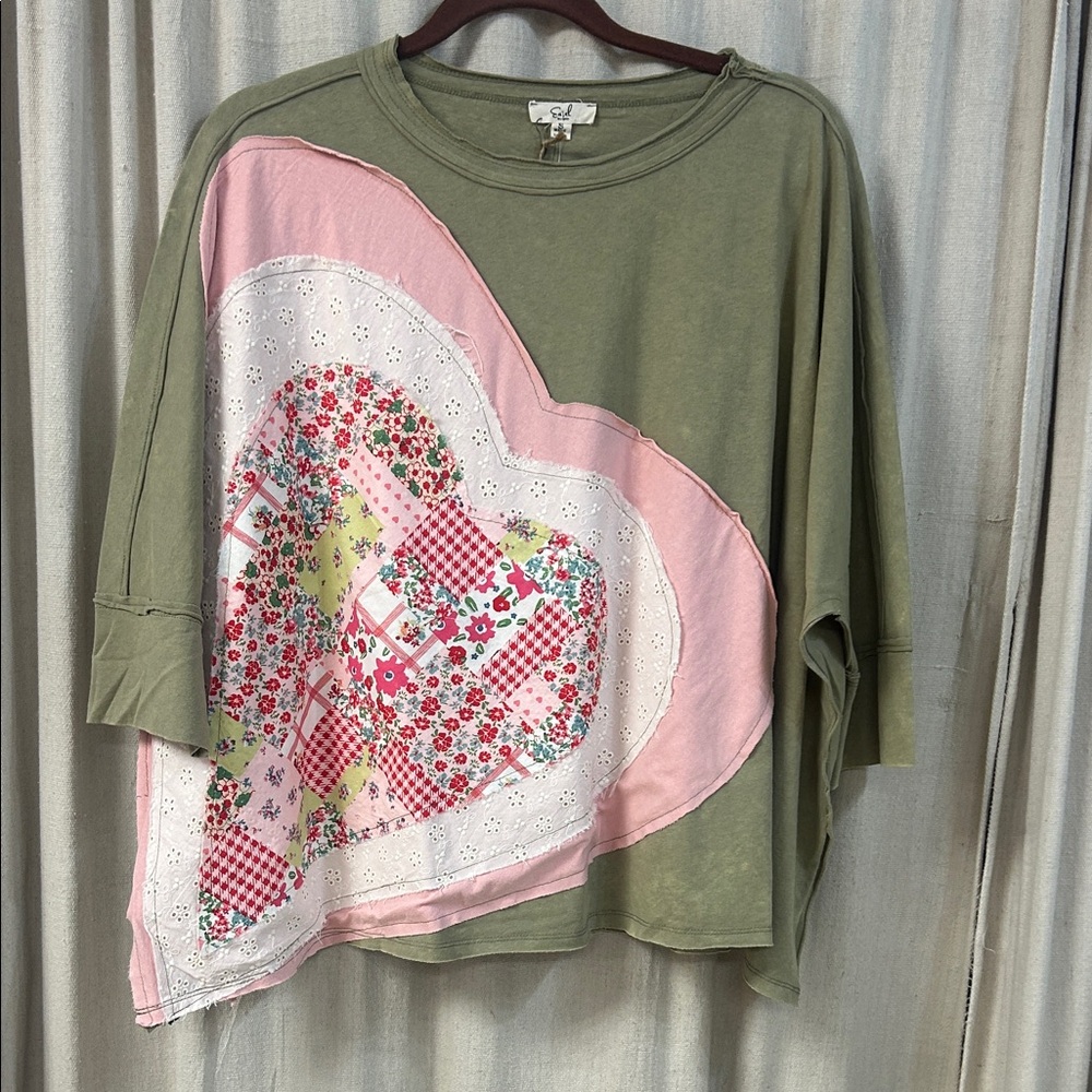 Olive and Pink Patchwork Heart Short Sleeve Top - Easel